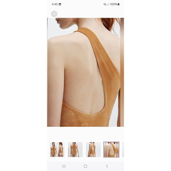 New Large Fabletics Light Honey Gigi Velour Thong Bodysuit One Shoulder NWT - Picture 4 of 8